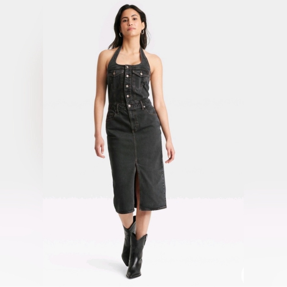 Denim Halter Dress with Button Detail and Front Slit
